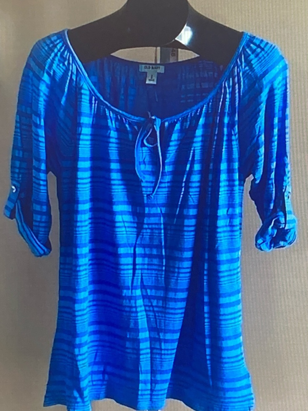 Old Navy Bright Blue Striped Tie-Neck Peasant Top